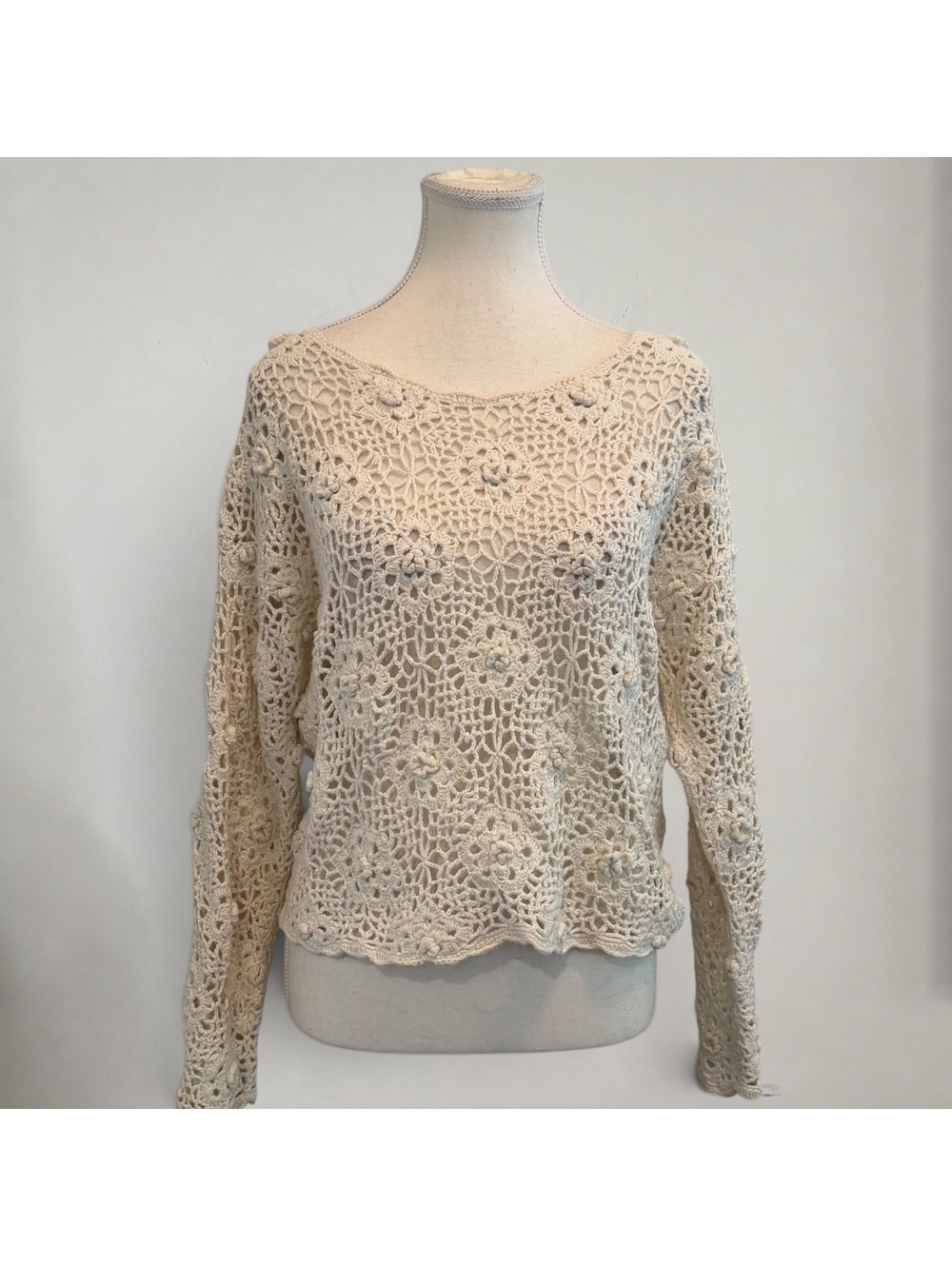 Vintage Cream Crochet Floral Long Sleeve Sweater Top Boho Y2K Cottagecore